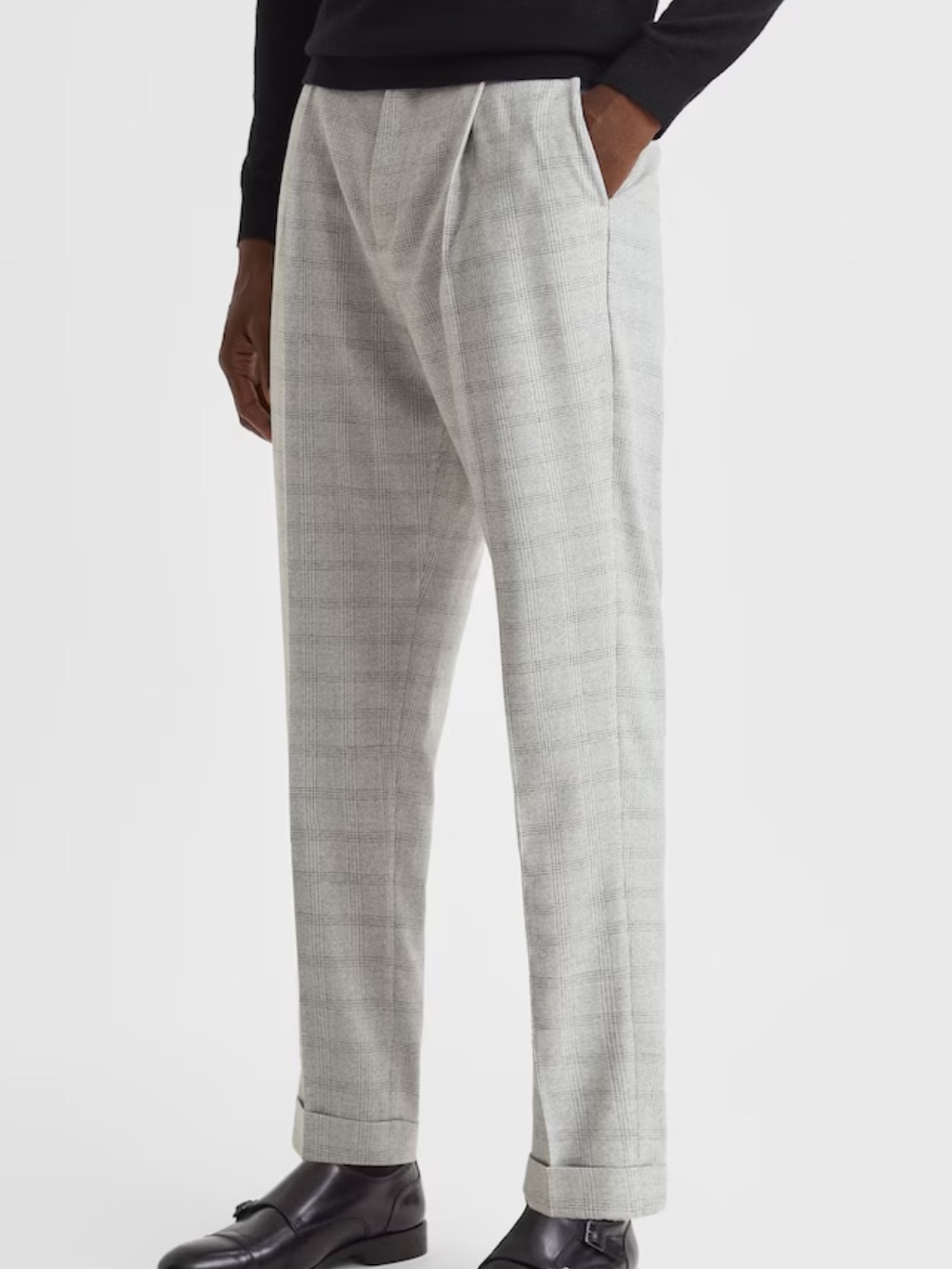 Reiss Ridge Slim Fit Prince of Wales‎ Rolled Hem Preppy Trousers Soft Grey 28